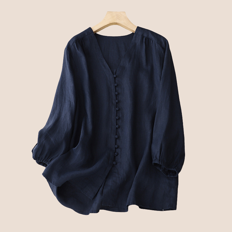Women's white cotton linen long sleeve blouse with V-neck ruffle edge and button closure