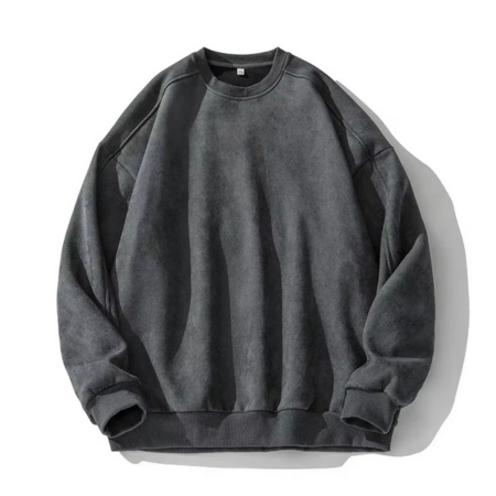 Men's faux suede oversized pullover sweatshirt in neutral tone with velvety texture and relaxed vintage fit