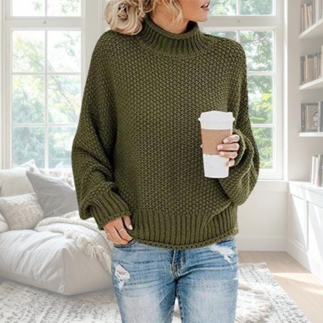 Beige soft knit relaxed pullover with graceful drape and understated elegant silhouette