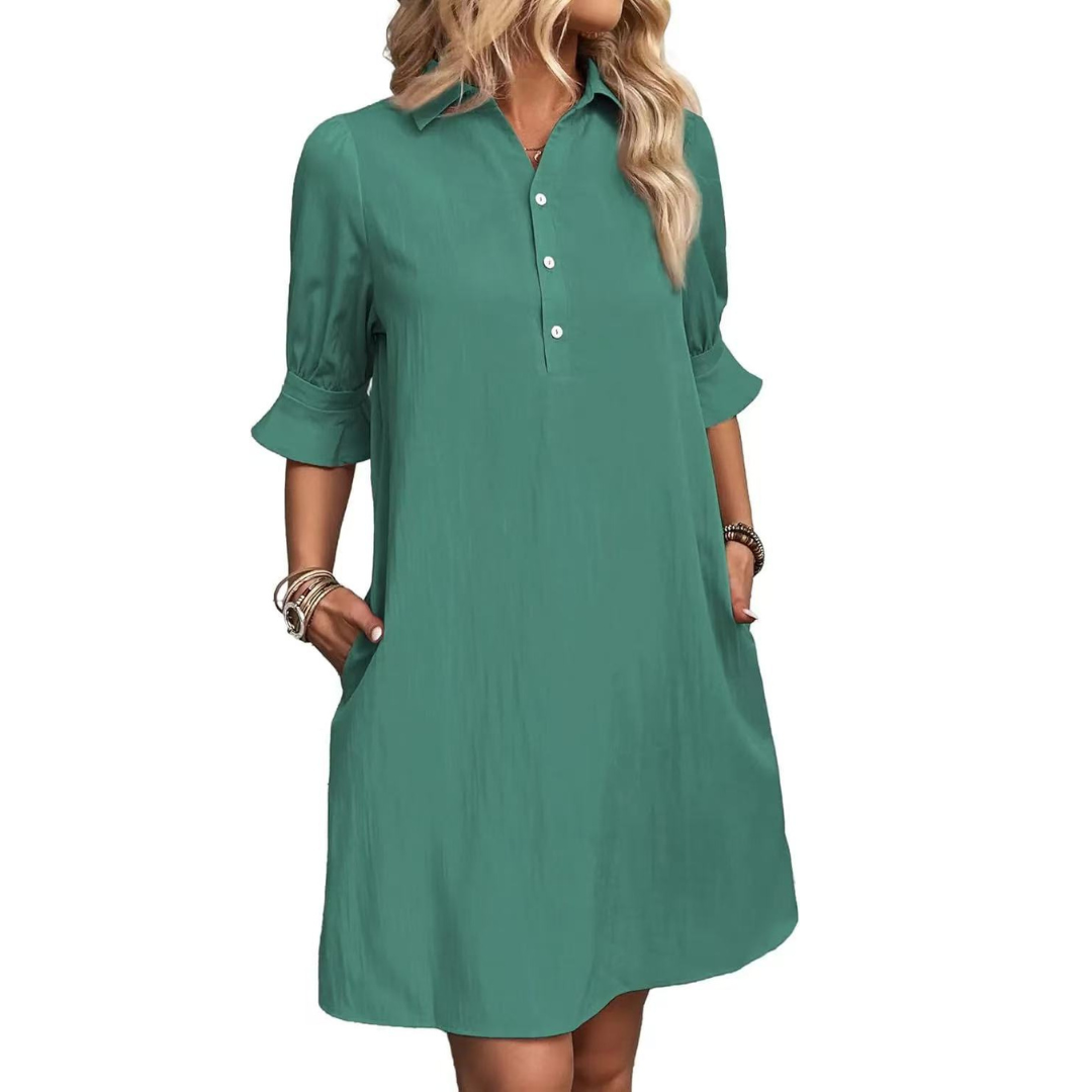 Georgia elegant button-down shirt dress in neutral tone, flattering silhouette with classic front buttons
