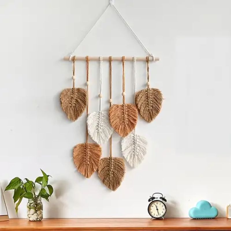 Bohemian handcrafted cotton macrame wall decor with soft leaf design, natural boho style