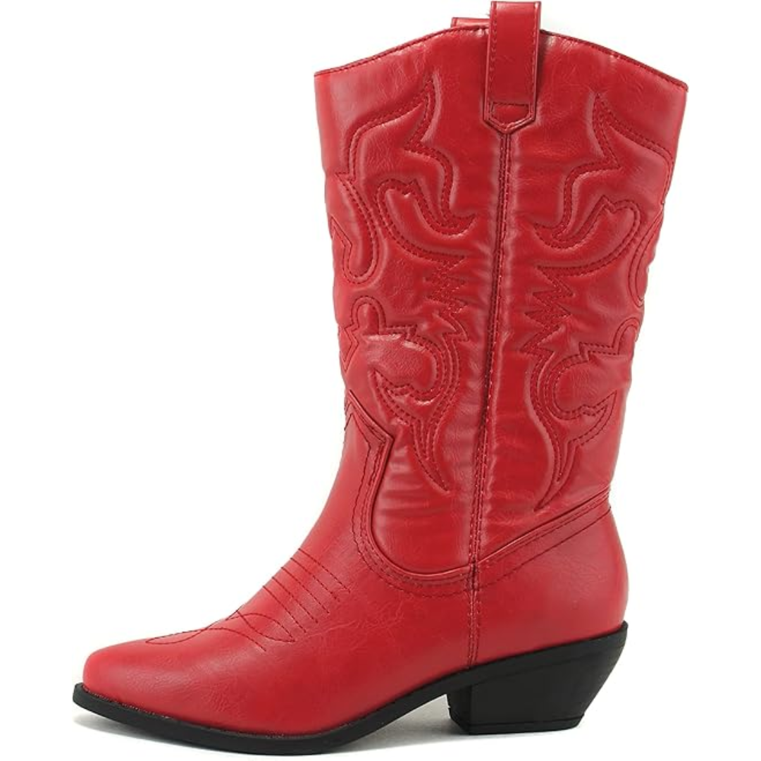 Women's classic western cowboy boots with intricate embroidery stitching along the shaft, timeless style