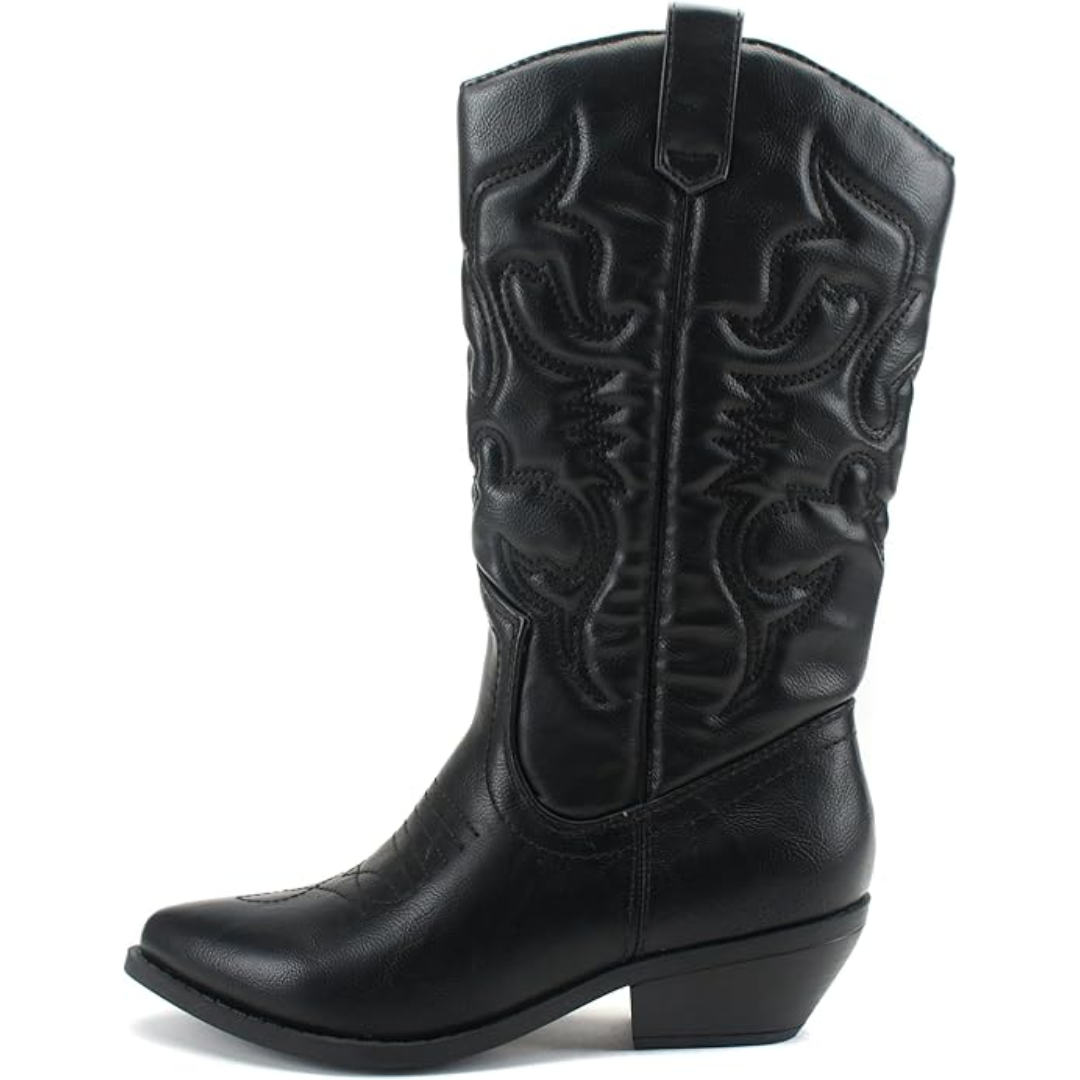 Women's classic western cowboy boots with intricate embroidery stitching along the shaft, timeless style