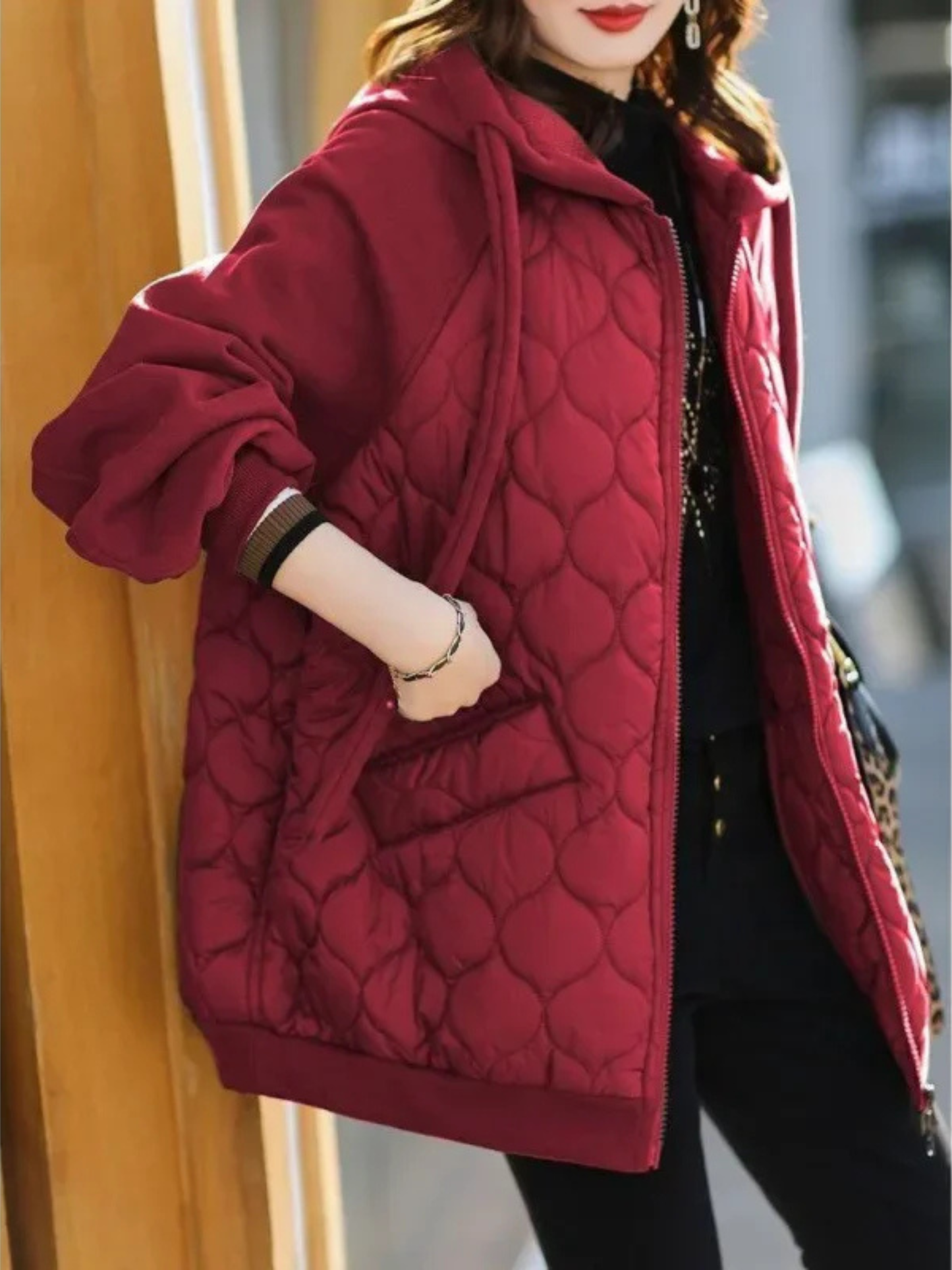 Men's navy quilted hooded jacket relaxed fit zip-front closure Nordic Scandinavian winter outerwear
