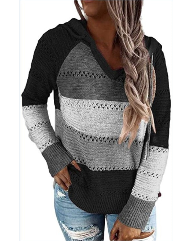Camille striped hooded knit sweater lightweight breathable unisex openwork weave casual hoodie