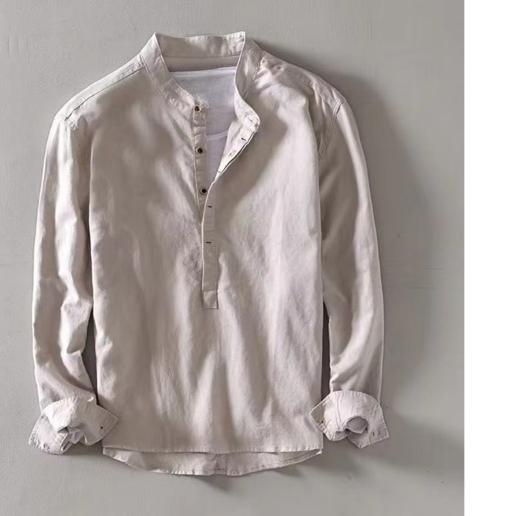 Men's linen blend casual shirt stand collar long sleeve breathable lightweight summer top