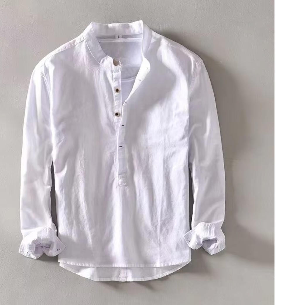 Men's linen blend casual shirt stand collar long sleeve breathable lightweight summer top