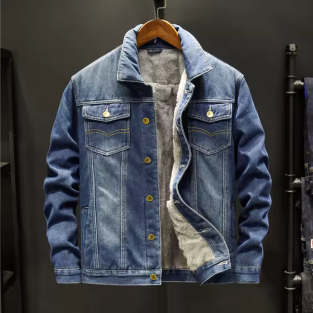 Men's blue fleece-lined denim jacket with rugged heavyweight construction and warm brushed interior