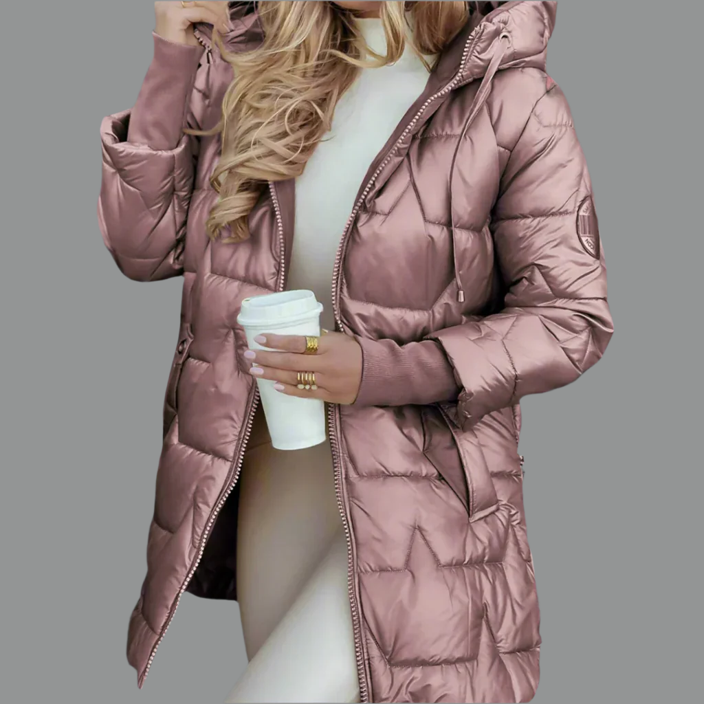 Adele glossy quilted hooded autumn jacket with gold-tone details, lightweight insulated chic outerwear