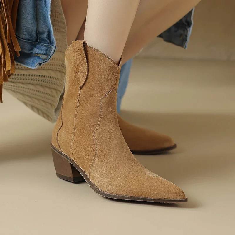 Sadie brown western ankle boots with pointed toe and sleek cowboy-inspired silhouette