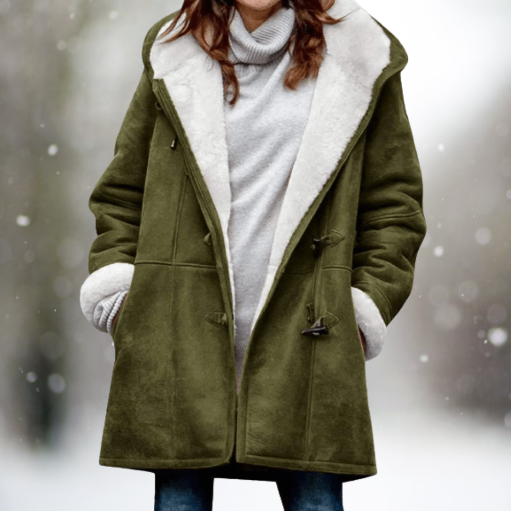 Cozy white sherpa winter coat with plush texture, relaxed silhouette, and lightweight warmth