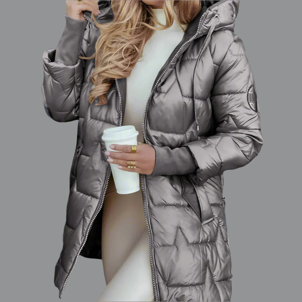 Adele glossy quilted hooded autumn jacket with gold-tone details, lightweight insulation for chic fall style