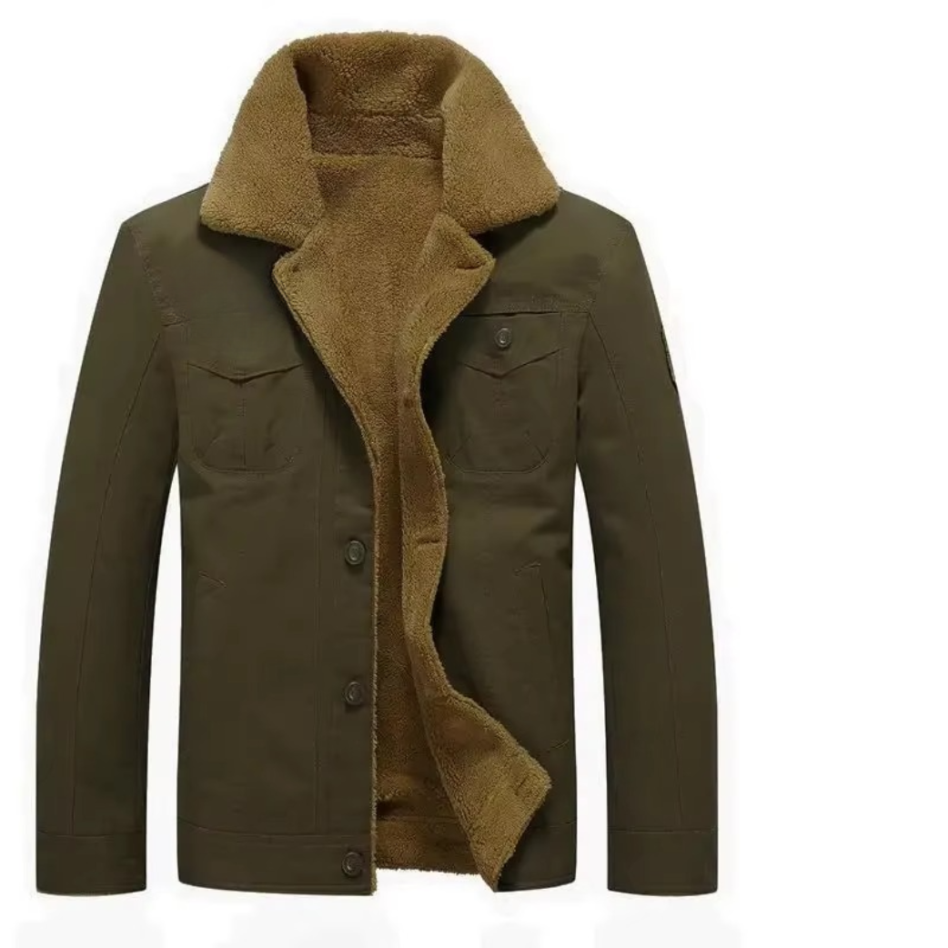 Men's olive cotton military jacket with faux shearling lining, rugged winter outdoor style