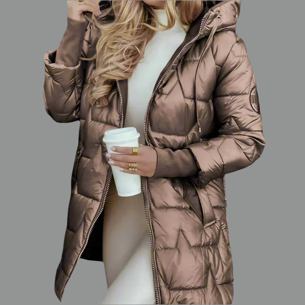 Adele glossy quilted hooded autumn jacket with gold-tone accents, lightweight and chic for fall