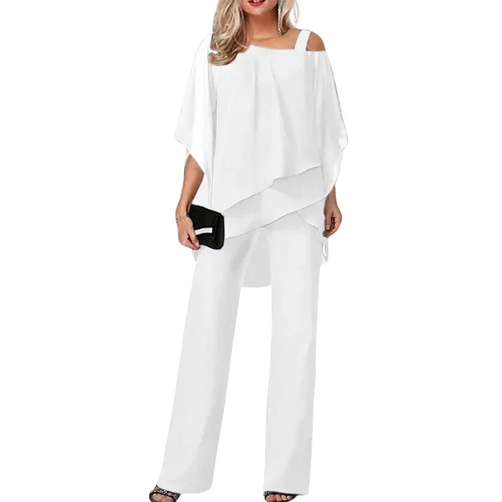 Women's chiffon overlay batwing sleeve wide leg pantsuit in elegant flowing silhouette