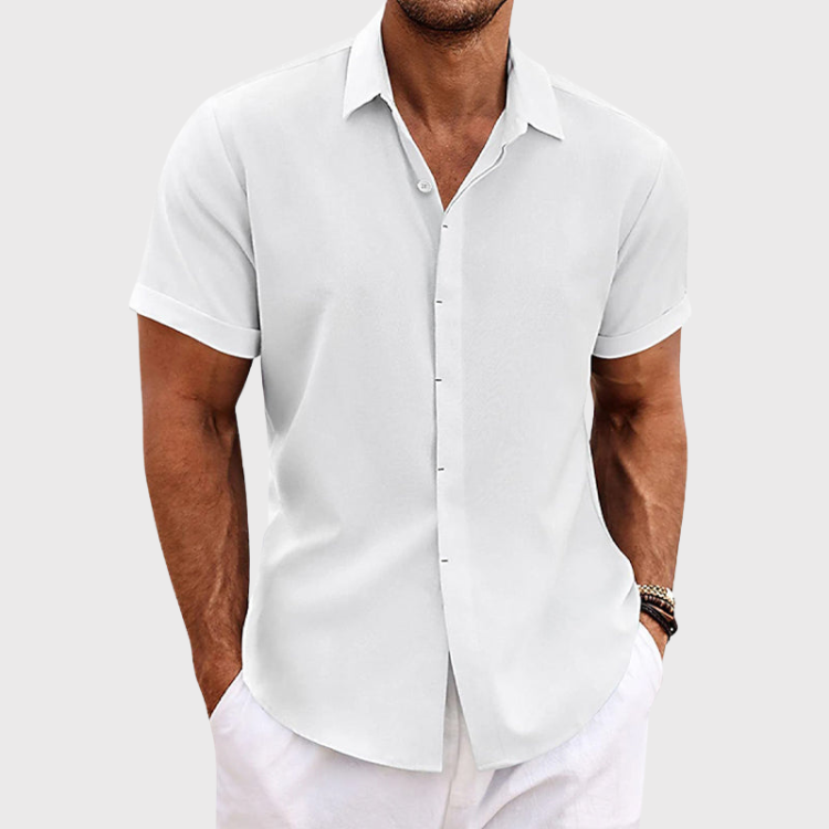 Men's casual cotton linen blend short sleeve button-front shirt breathable summer fit