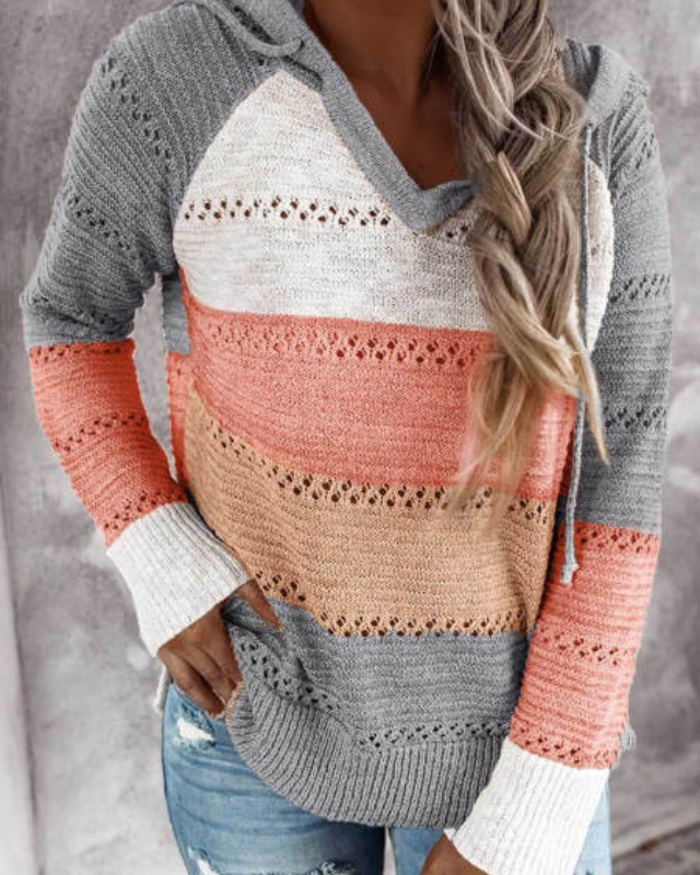 Striped lightweight knit hoodie sweater unisex casual openwork weave for spring and fall layering