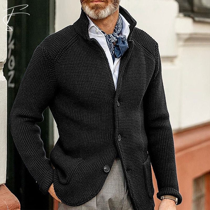 Wavlynn Damian men's cotton cardigan smart casual knit layering classic collar structured silhouette