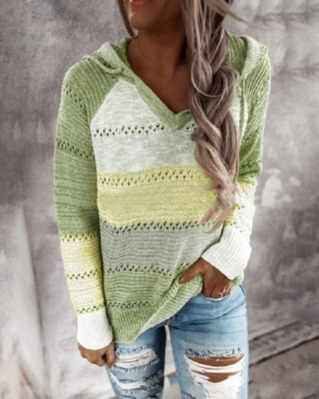 Striped lightweight knit hoodie unisex casual sweater with openwork weave for spring and fall layers