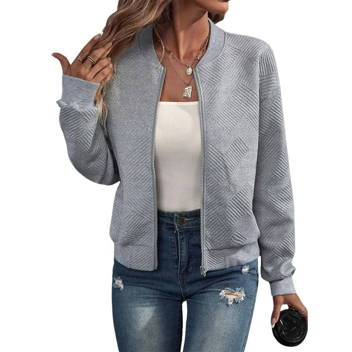 Women's lightweight zip-up bomber jacket in solid color, relaxed fit with ribbed cuffs and hem