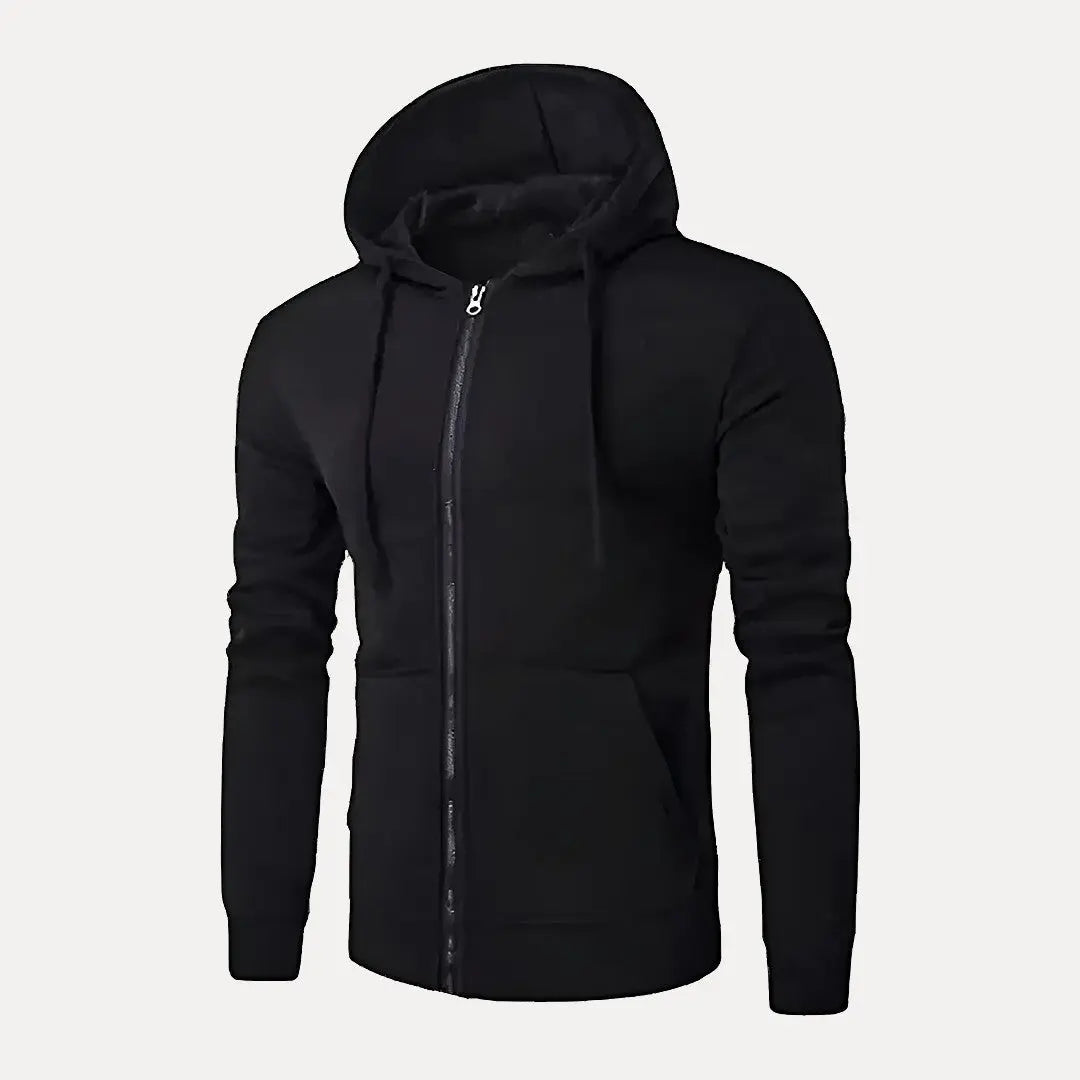 Gray urban essential hoodie relaxed fit with full zip front and adjustable drawstring hood