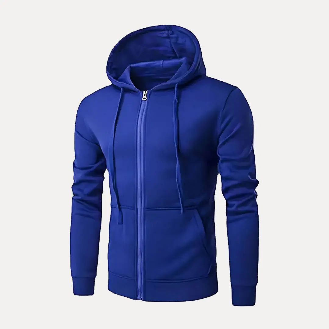 Gray urban essential hoodie with full-zip front and adjustable drawstring hood for relaxed everyday wear