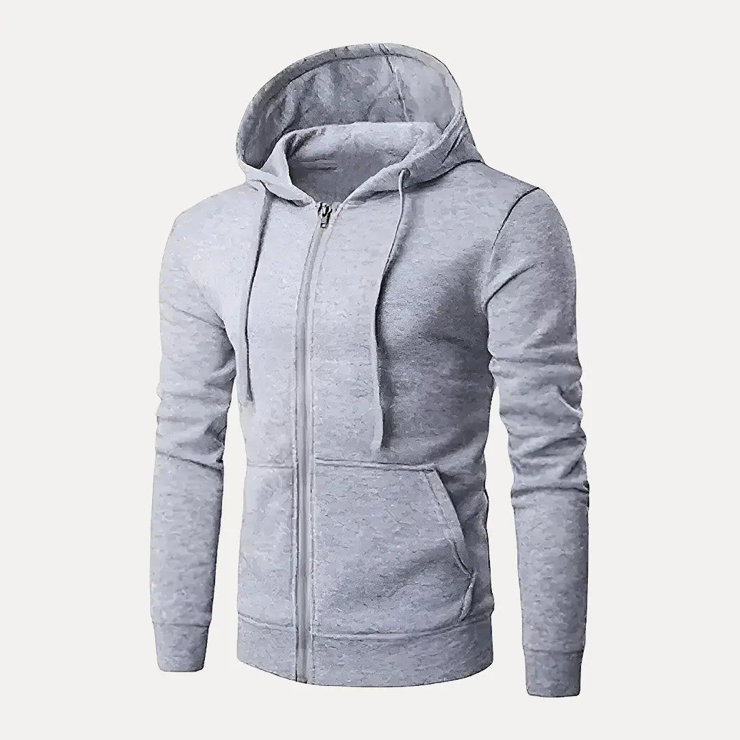Gray urban full-zip hoodie with adjustable drawstring hood, relaxed fit for everyday wear