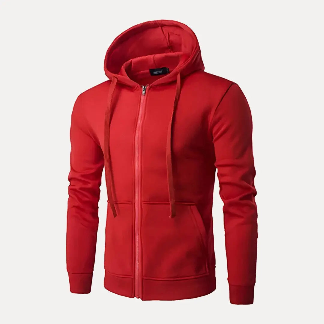Gray urban full-zip hoodie with adjustable drawstring hood, relaxed everyday fit