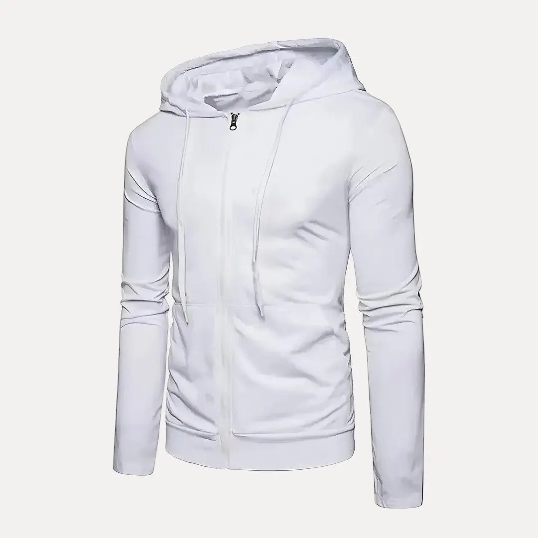 Gray urban full-zip hoodie with adjustable drawstring hood, soft fabric relaxed everyday fit