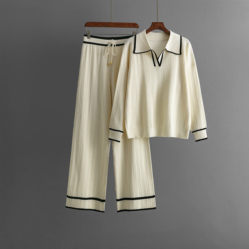 Cream knit co-ord set with lapel collar sweater and high-waisted wide-leg pants