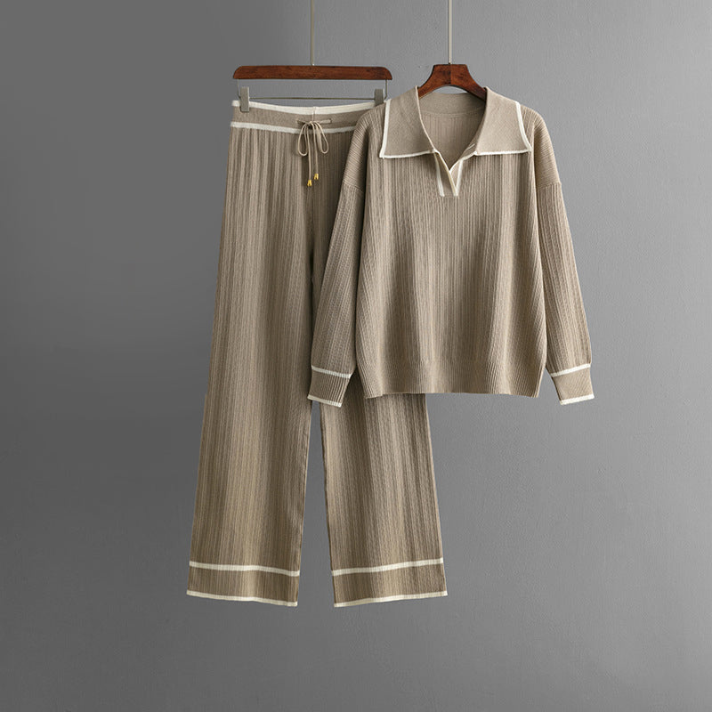 Cream knit co-ord set with lapel collar sweater and high-waisted wide-leg pants