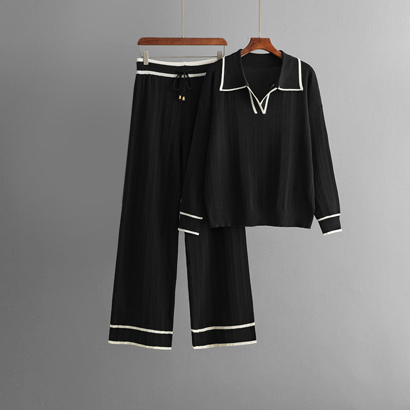 Cream knit co-ord set lapel collar sweater and high-waisted wide-leg pants relaxed elegant fit