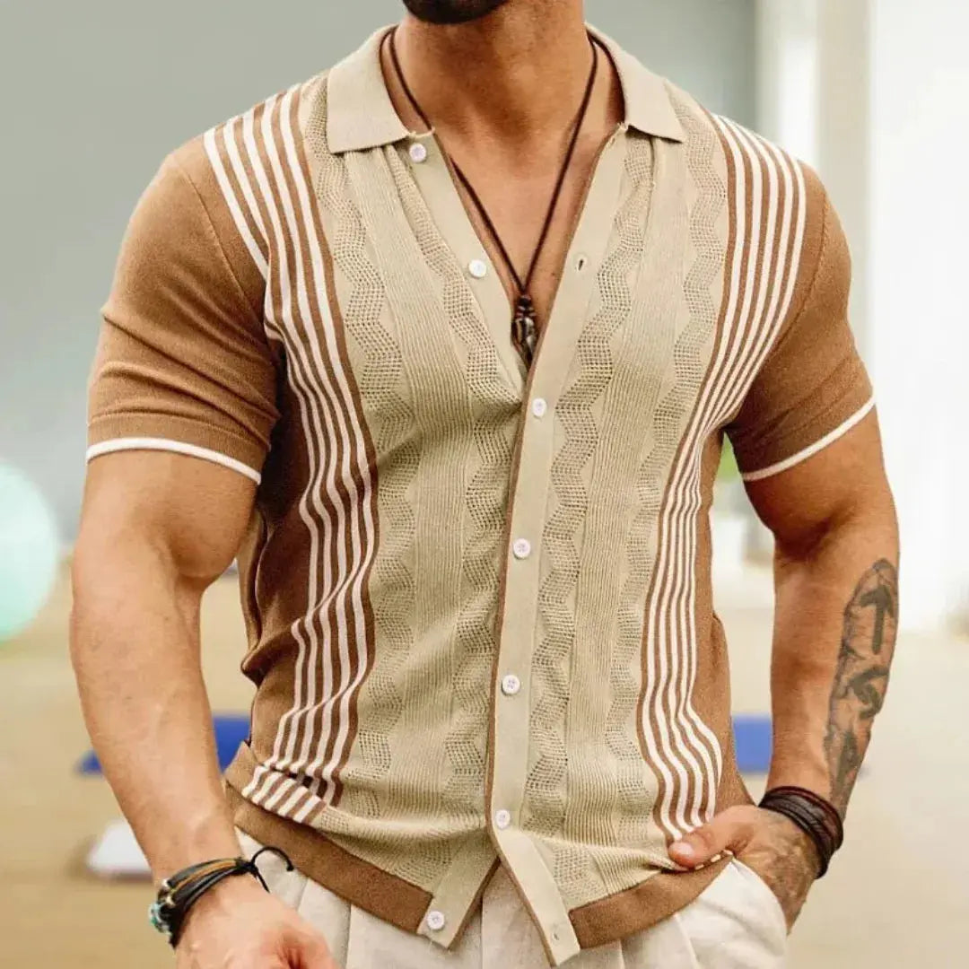 Men's luxury striped knit shirt lightweight breathable casual urban style with modern panel design