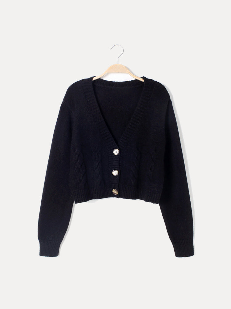 Women's cropped cable knit cardigan in neutral tone, V-neck buttoned front cozy layering sweater