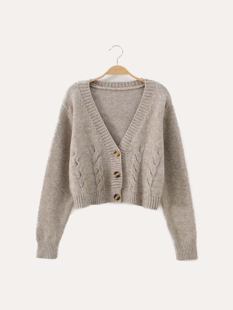 Women's cropped cable knit cardigan V-neck buttoned front cozy layering sweater wardrobe essential