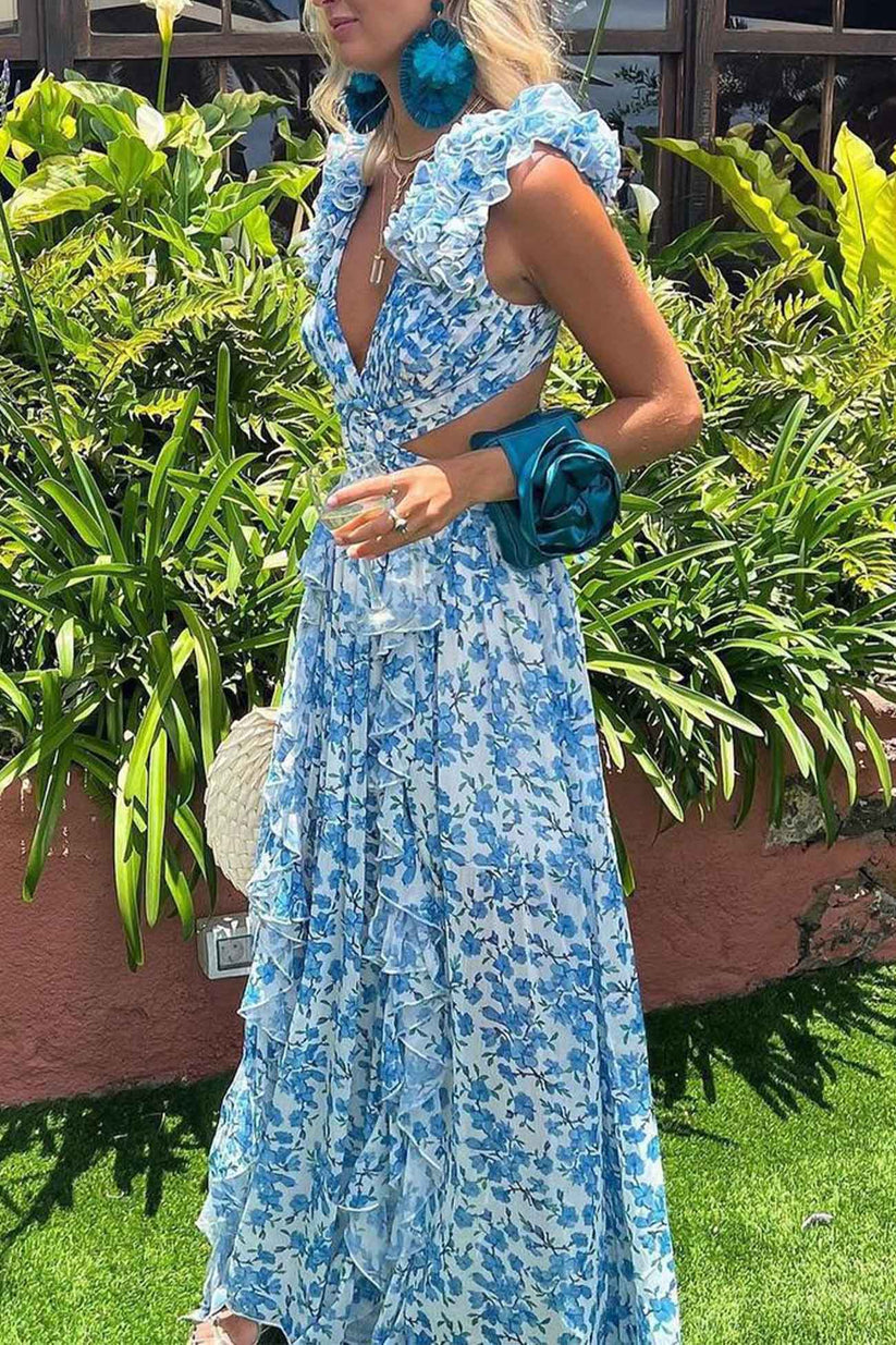 V-Neck Floral Maxi Dress Women Elegant Flowing Wavlynn