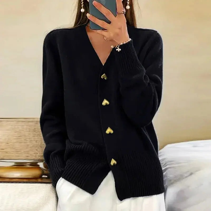 Women's cozy V-neck cardigan elegant silhouette decorative buttons timeless layering piece