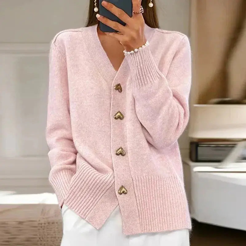Women's cozy V-neck cardigan elegant silhouette with decorative buttons timeless layering style