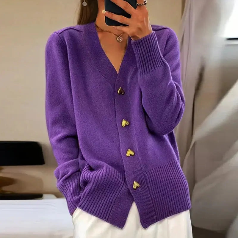 Women's cozy V-neck cardigan elegant silhouette decorative buttons timeless layering piece