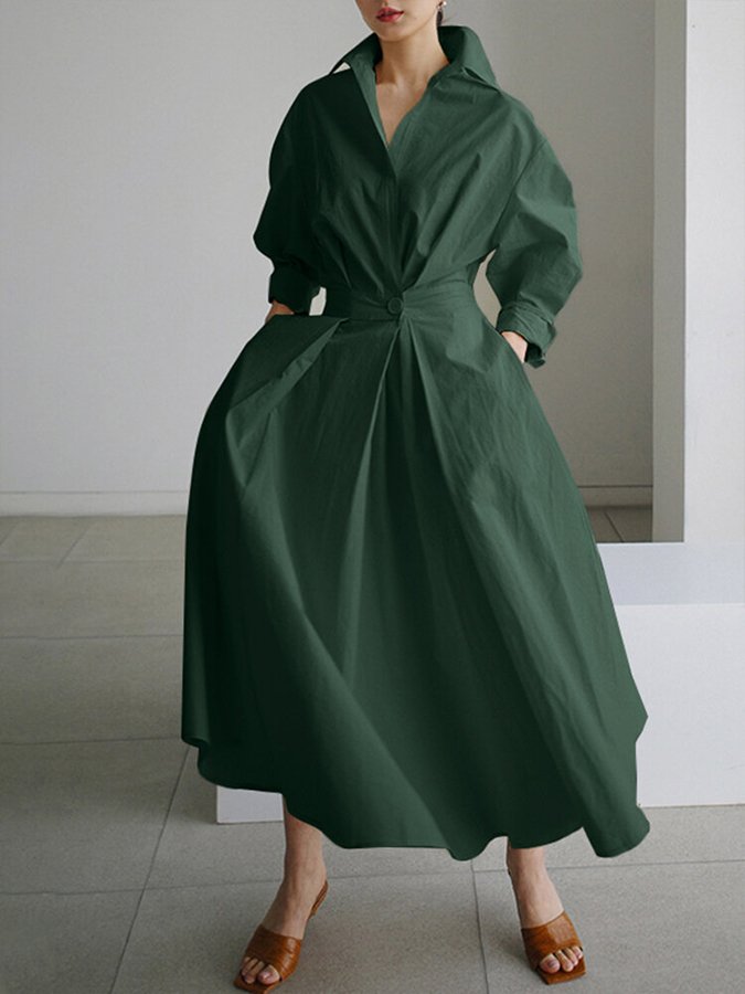 Women's midi shirt dress A-line fit long sleeves waistband polished everyday style