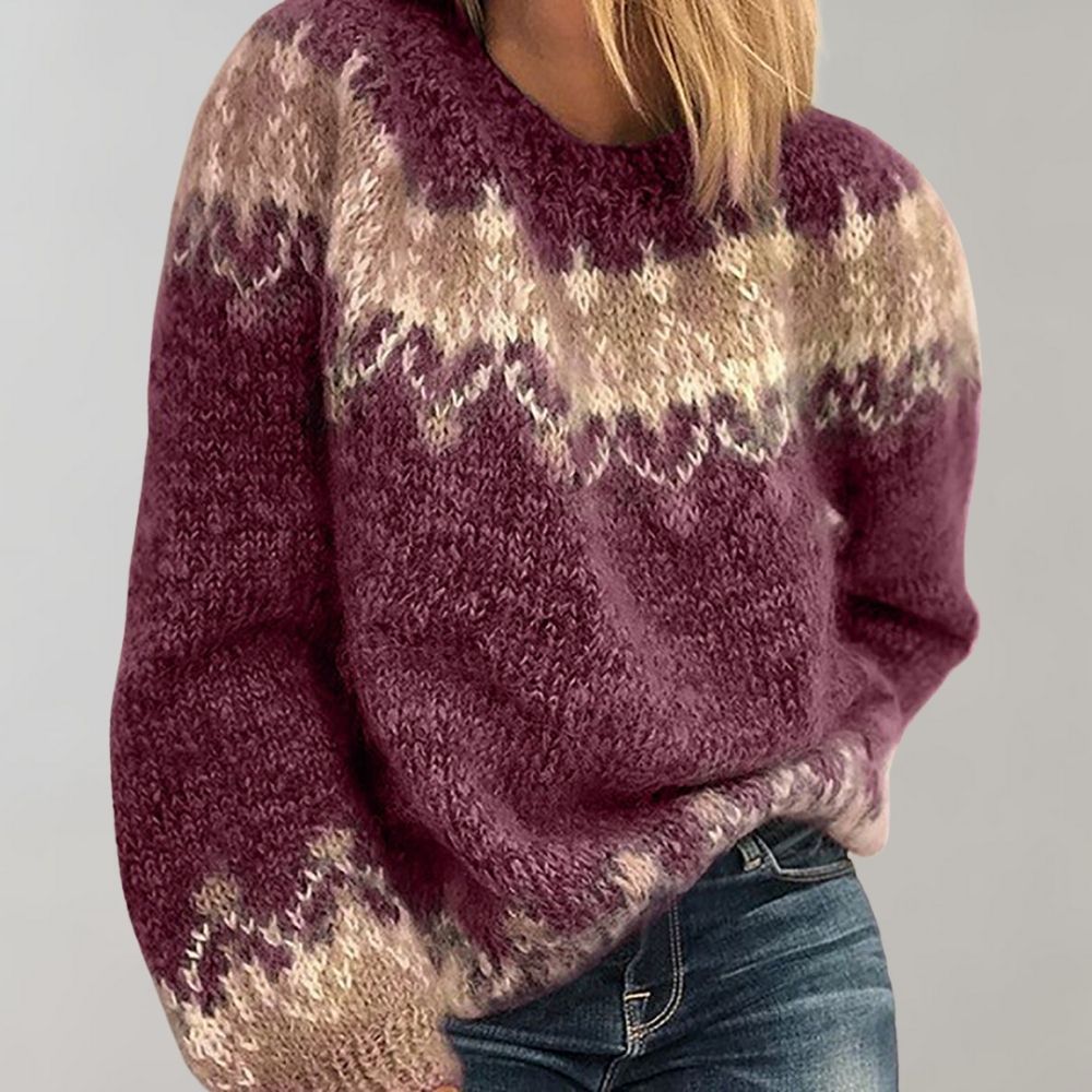 Women's cream chunky knit oversized sweater with bold zigzag pattern and cozy round neck wool blend