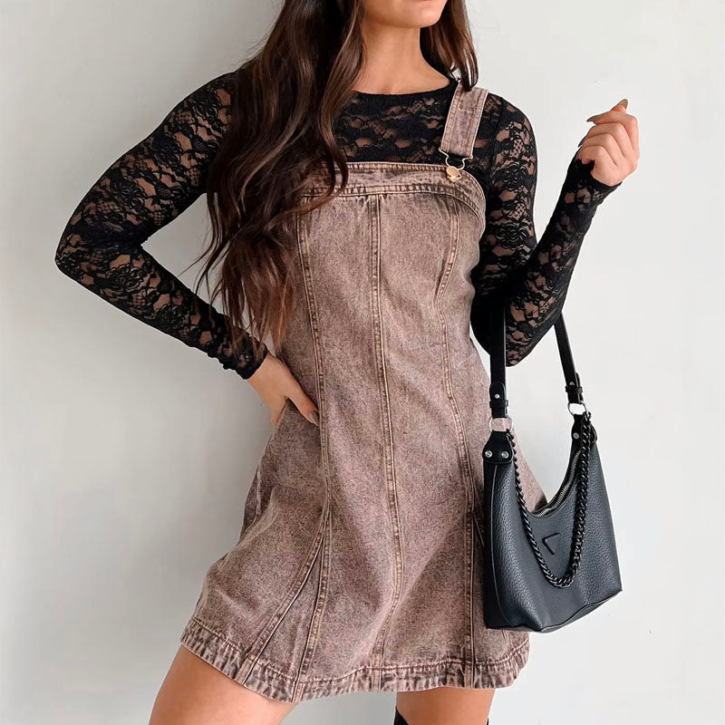 Valentina Rossi blue denim pinafore A-line dress with vintage-wash finish and cinched waist