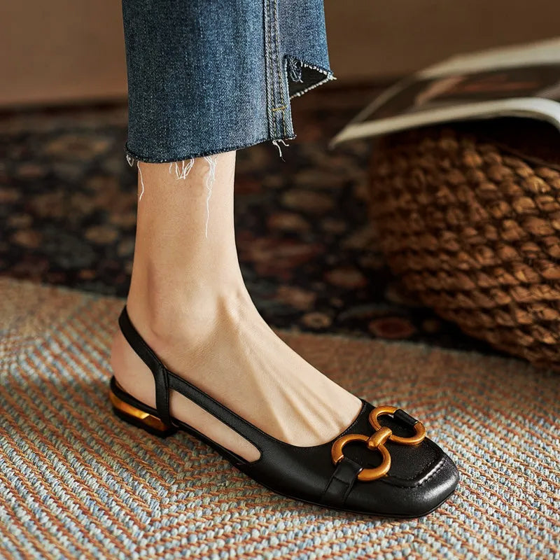 Valentina Rossi Belvì ivory slingback flats with open-back cut and bold oversized chain accent