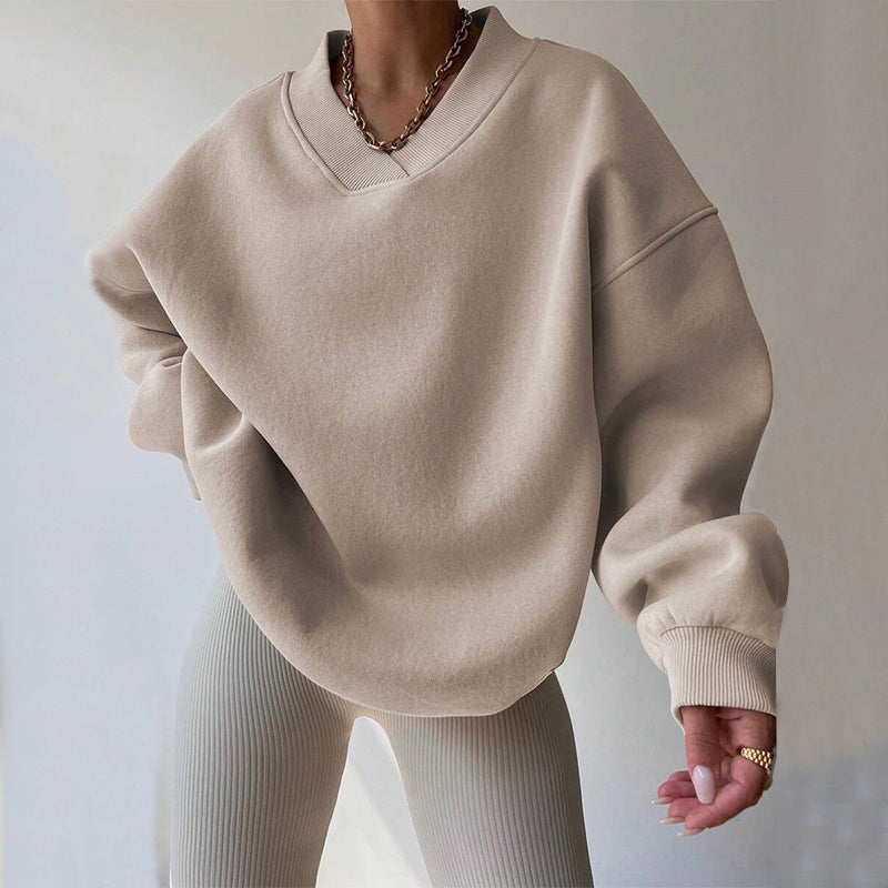 Pastel oversized cotton blend pullover sweatshirt with ribbed cuffs and elegant V-neckline