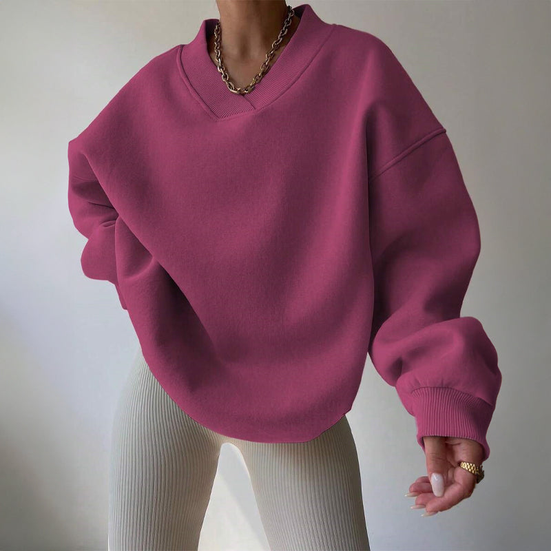 Pastel cotton-blend oversized pullover sweatshirt with ribbed cuffs and refined V-neckline