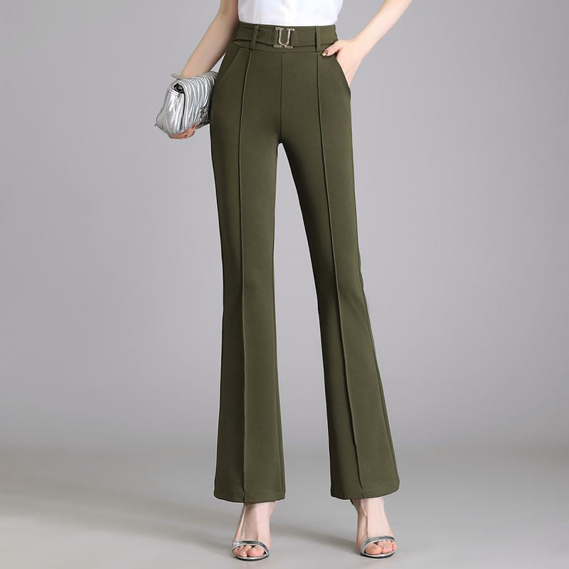 High-waisted black flared pants with gold-accented belt, lightweight polyblend, elegant tailored silhouette