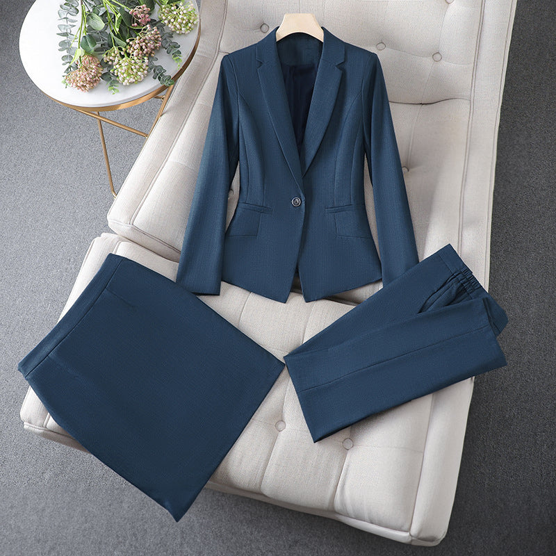 Valentina Rossi black 3-piece formal set with tailored blazer, pencil pants, and knee-length skirt