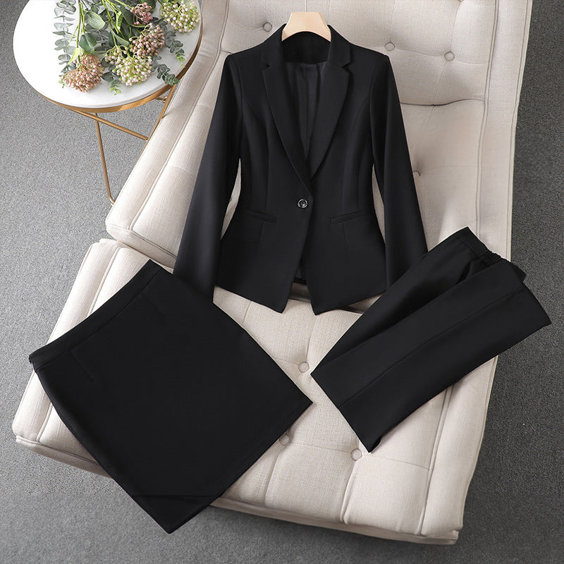 Valentina Rossi black 3-piece formal set with tailored blazer, pencil pants, and knee-length skirt