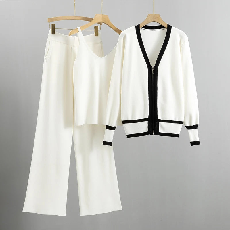 Valentina Rossi knitted 3-piece set wide-leg pants sleeveless top cardigan V-neck elastic waist