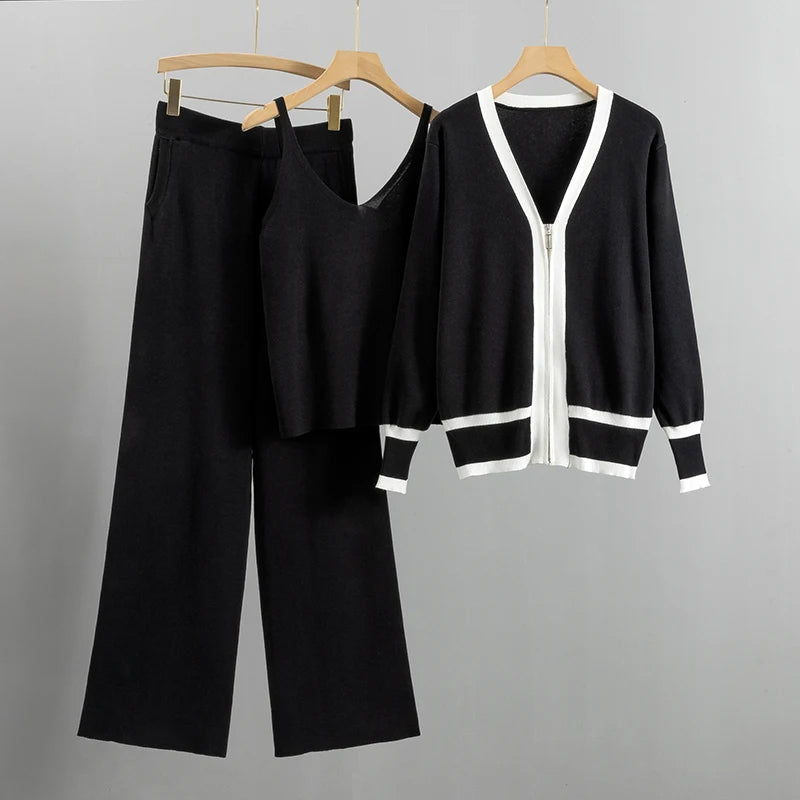 Valentina Rossi knitted 3-piece set with wide-leg pants, sleeveless top, and open cardigan